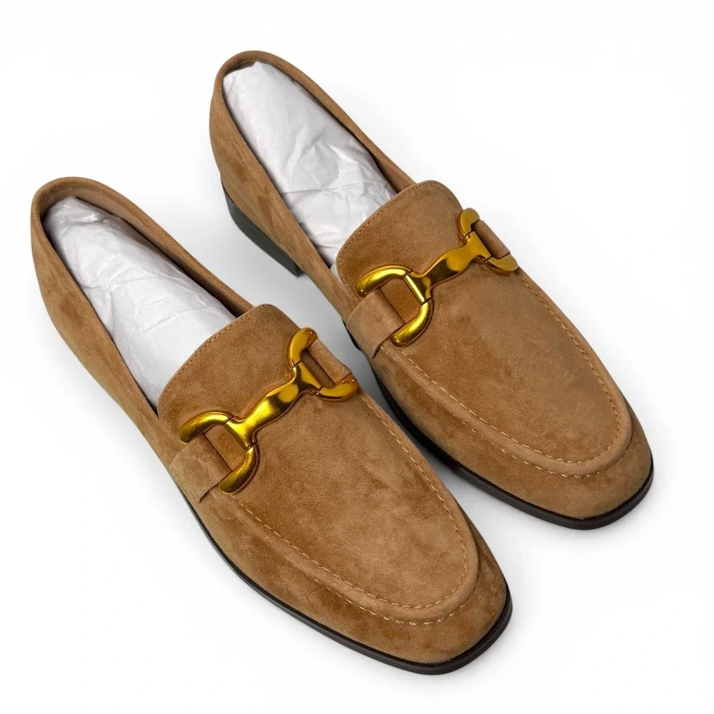 NIB Bibi Lou Zagreb Loafer Suede Gold Horsebit 41/10-10.5 Camel Anthropologie